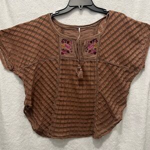 Free People Brown Boho Embroidered Blouse